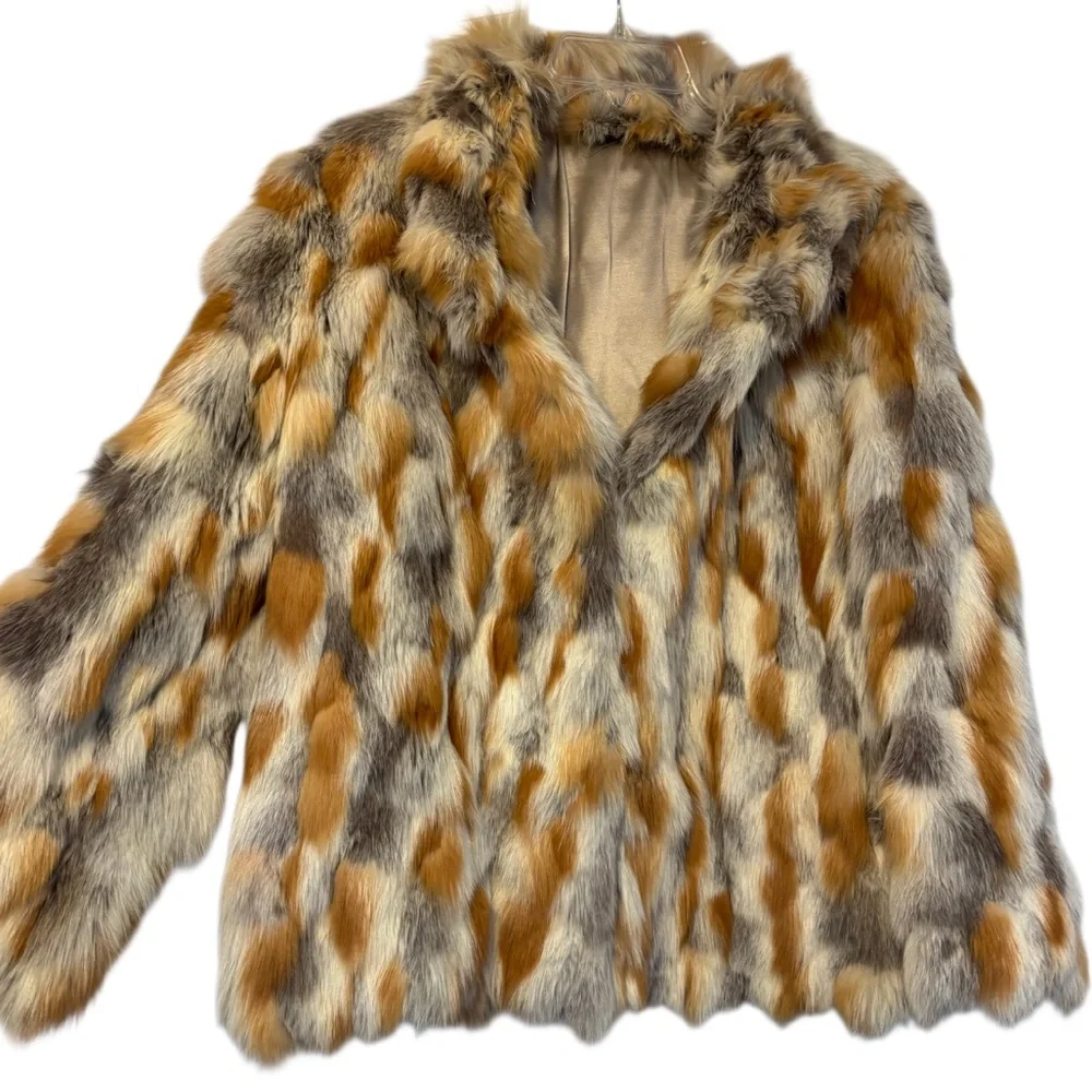 Vintage Fur Coat Multicolor Patchwork 70s 80s Ivory Beige Brown Gray Size Large - Picture 5 of 14